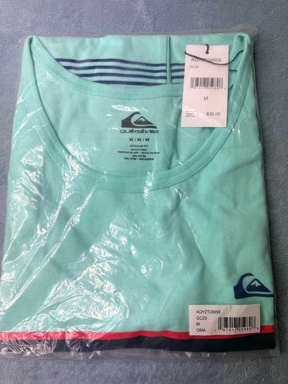 Quiksilver Men’s Mint Green Swim Rash Guard with Navy & Red Stripes